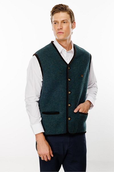 Desen Triko Green Men's Wool Vest - V-Neck and Patterned Lining
