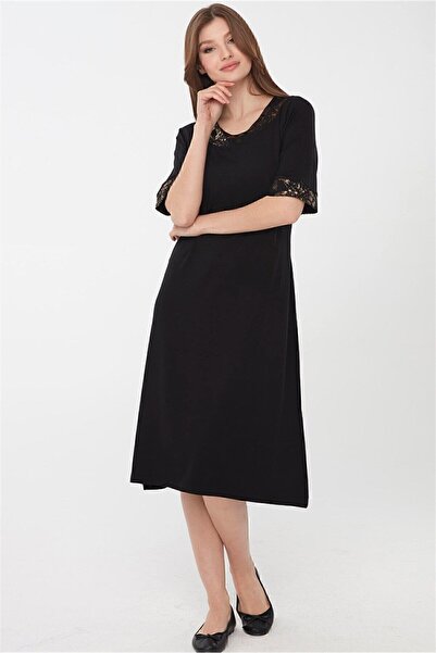 Desen Triko Women's Crew Neck Sleeves and Collar Patterned Combed Cotton Dress Black