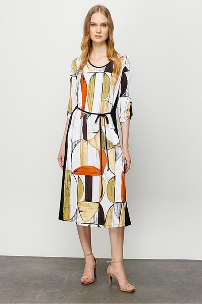 Desen Triko Rochie de damă cu decolteu în dungi, din bumbac pieptănat, cu modele colorate, neagră