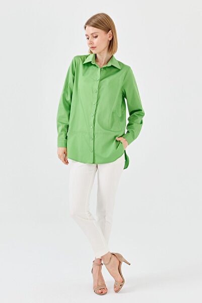 Desen Triko Γυναικείο βαμβακερό πουκάμισο με πλαϊνές τσέπες πράσινο