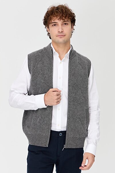 Desen Triko Smoked Men's Wool Vest - Stand Collar and Diamond Pattern