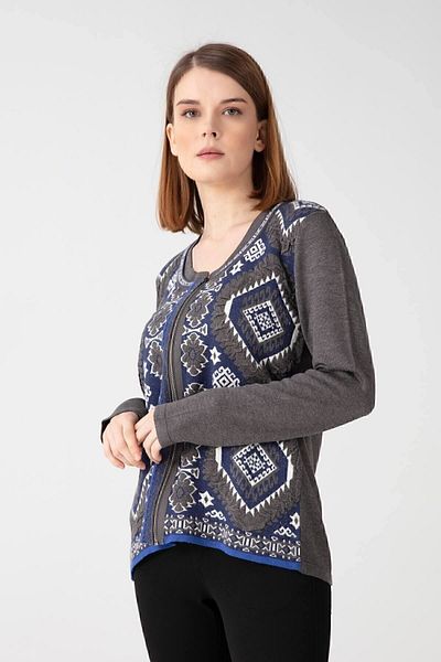 Desen Triko Cardigan cu model pentru femei, cu gât turnut, cu fermoar în față, Melange