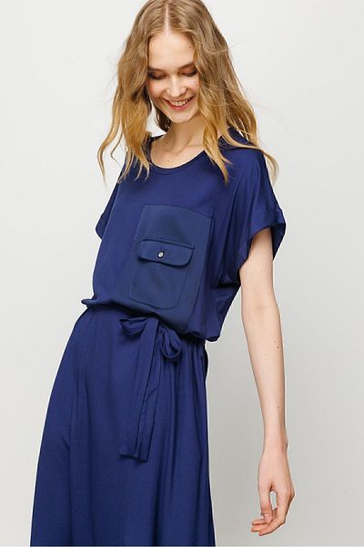 Desen Triko Rochie de damă din satin cu buzunar cu decolteu, albastru bleumarin