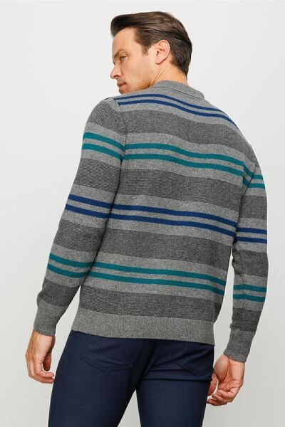 Desen Triko Men's Polo Collar Colored Striped Thick Wool Sweater Smoked