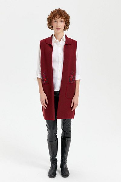 Desen Triko Women's Polo Neck Open Front Embroidered Long Wool Vest V.Red