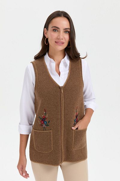 Desen Triko V-neck Embroidered Women's Wool Vest - Pocket Top Camel