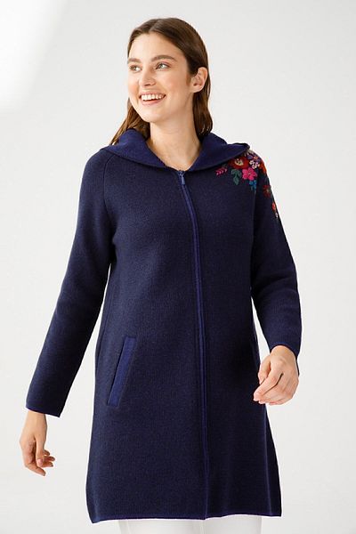 Desen Triko Cardigan lung pentru femei cu mâneci raglan brodate - cu glugă, bleumarin deschis