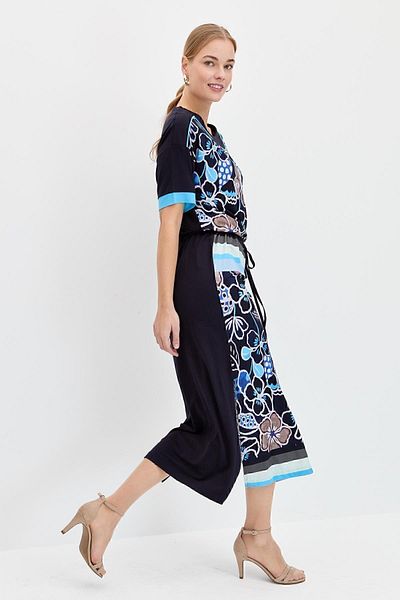 Desen Triko Women's Floral Patterned Skirt Slit Combed Cotton Dress Navy Blue