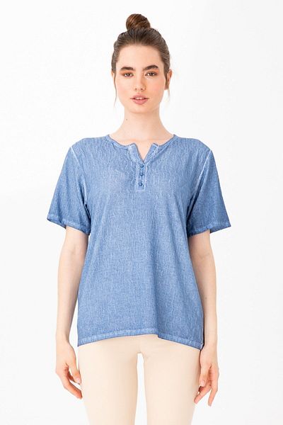 Desen Triko Bluză de damă, cu guler răsturnat, cu mânecă scurtă, din material jacquard, albastră