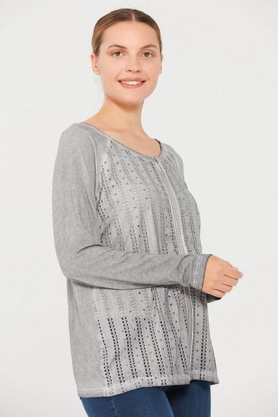 Desen Triko Women's Crew Neck Zippered Combed Cotton Jacket Gray