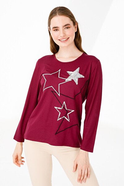 Desen Triko بلوزة نسائية من القطن الممشط بياقة دائرية وأكمام طويلة مطرزة بالنجوم