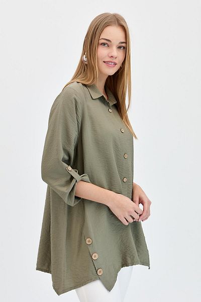 Desen Triko Women's Side Buttoned Oversize Shirt Khaki