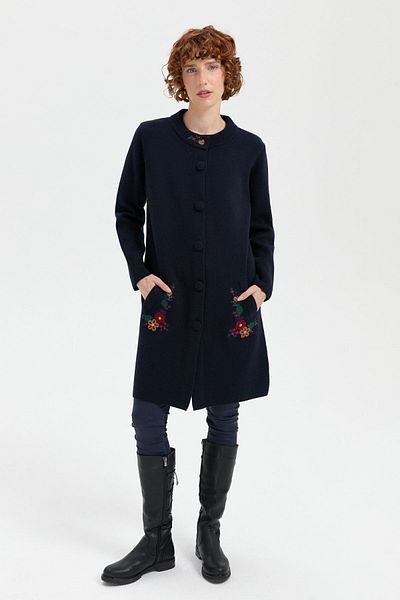 Desen Triko Cardigan lung de lână pentru femei bleumarin - guler vertical și buzunar brodat
