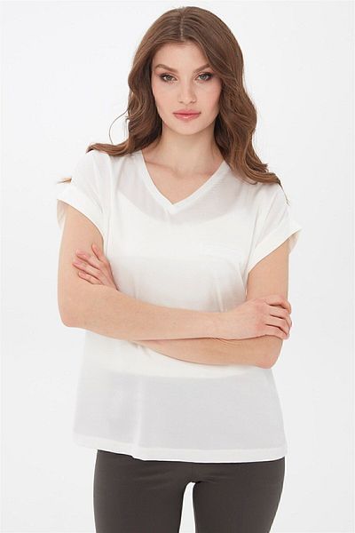Desen Triko Women's V-Neck Front Satin Blouse Ecru