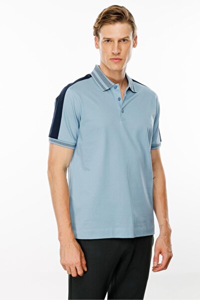 Desen Triko Blue Men's Polo Collar Shoulder Stripe T-Shirt