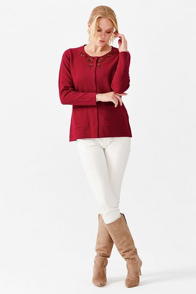 Desen Triko Women's Crew Neck Embroidered Buttoned Thin Cardigan