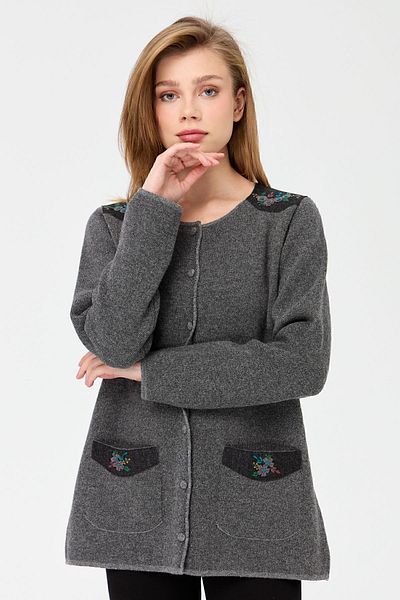 Desen Triko Women's Crew Neck Shoulder And Pocket Felt Embroidered Wool Cardigan Smoked