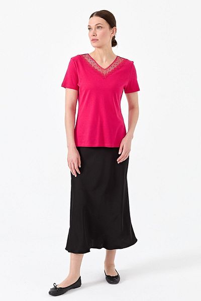 Desen Triko Tricou de damă, cu decolteu în V, cu guler din dantelă, fucsia
