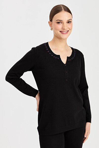 Desen Triko Γυναικεία Μπλούζα με Ανοιχτό Γιακά Πολύχρωμη Κεντημένη Μαύρη