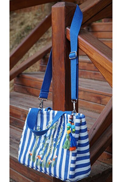 DEKAY El Yapımı Çizgili Kanaviçe Çanta - Renkli Püskül Detaylı