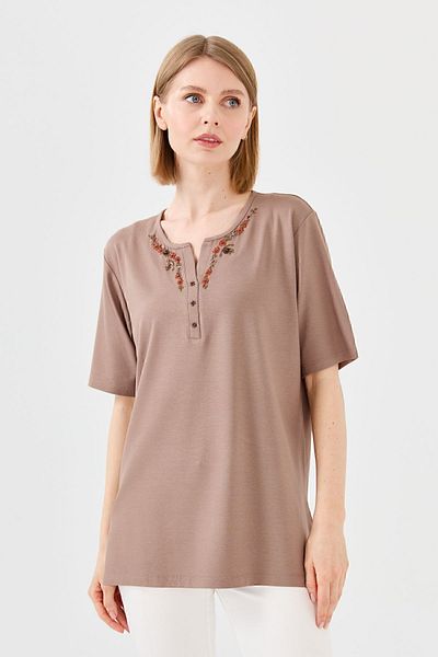 Desen Triko Tricou Damă Bumbac Pieptănat Brodat Guler Mușețel Mink