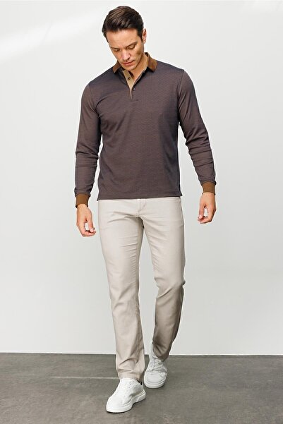 Desen Triko Erkek Polo Yaka Jakarlı Minik Desenli Sweatshirt Kahve