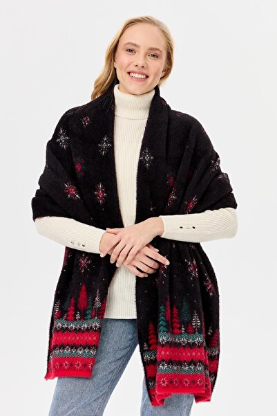 Desen Triko Kadın Triko Yılbaşı Desenli Şal Siyah