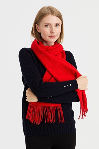 Desen Triko Kadın Triko Tek Renk Püsküllü Yün Kaşkol Mercan