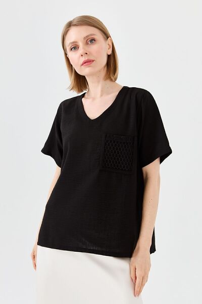 Desen Triko Women's V-Neck Pocket Mesh Linen T-shirt Black