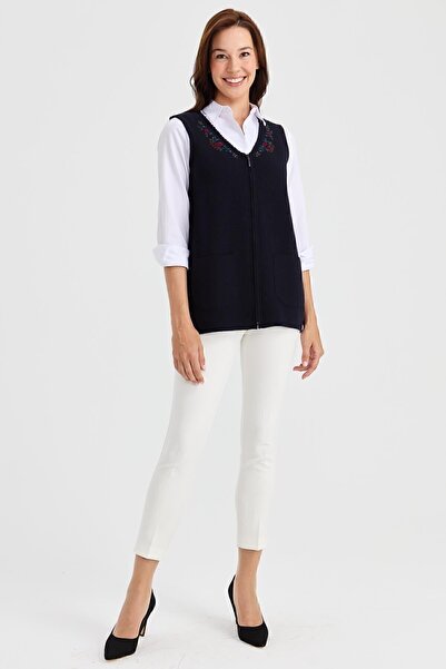 Desen Triko Women's V-Neck Lace Embroidered Wool Vest Dark Blue