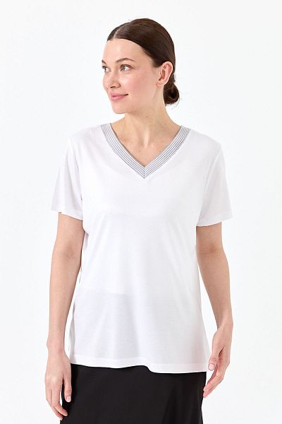Desen Triko Tricou damă cu decolteu în V cu dungi din bumbac pieptănat alb