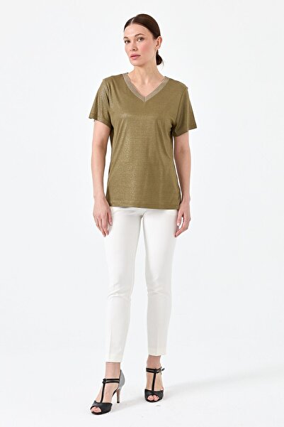 Desen Triko Women's V-neck Striped Combed Cotton T-shirt Khaki