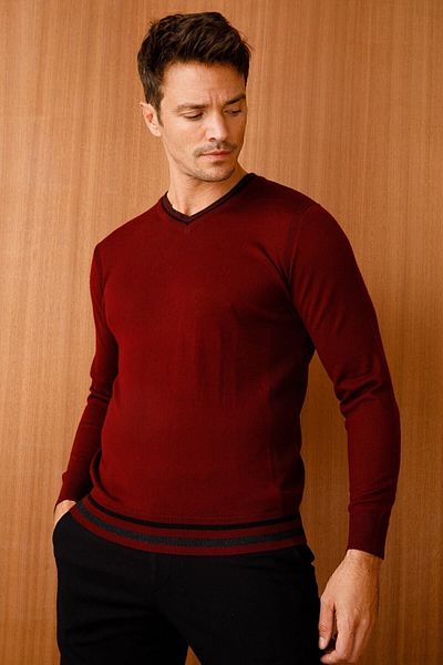 Desen Triko Men's Collar Edge Striped V-Neck Sweater Claret Red