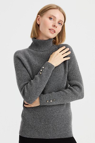 Desen Triko Women's Full Turtleneck Buttoned Wool Sweater Smoked