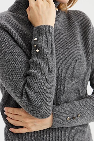 Desen Triko Women's Full Turtleneck Buttoned Wool Sweater Smoked