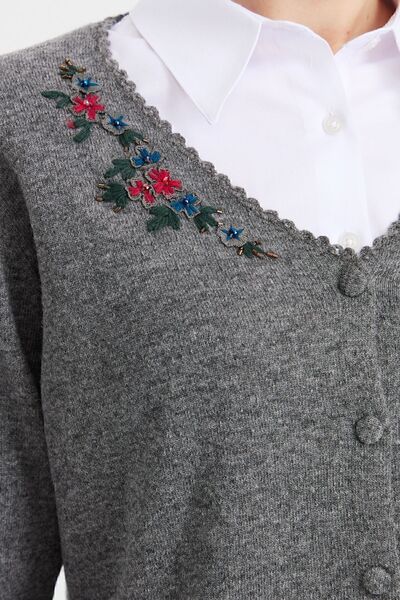 Desen Triko Women's V-Neck Edge Lace Embroidered Wool Cardigan Smoked