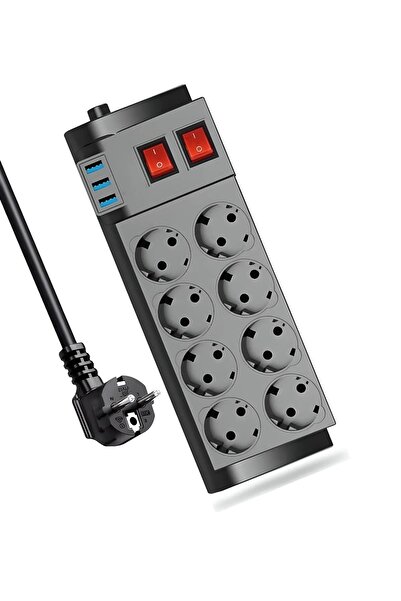MATECHNO Glore 2M Uzatma Kablosu Çoklu Priz Termal Akım Korumalı 8'li Priz 3X USB