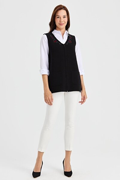 Desen Triko Women's V-Neck Lace Embroidered Wool Vest Black