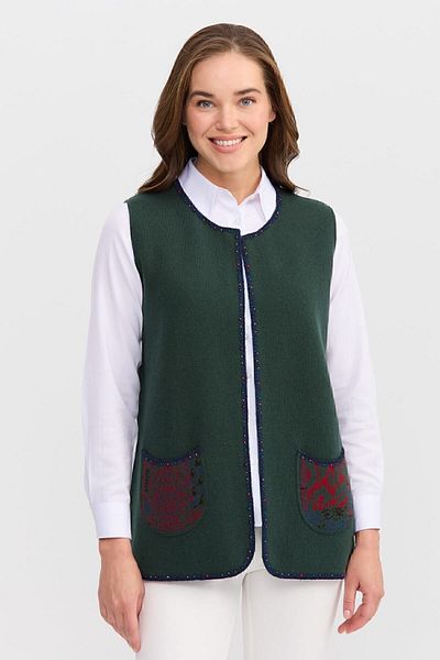 Desen Triko Women's Crew Neck Water Stone Bead Embroidered Short Vest Green