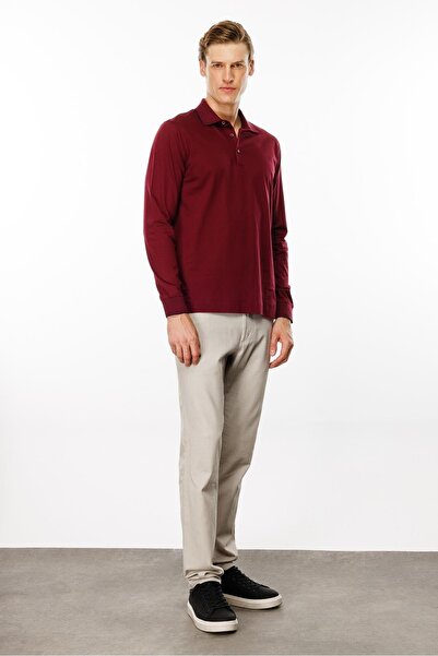 Desen Triko Claret Red Men's Polo Collar Long Sleeve Sweatshirt
