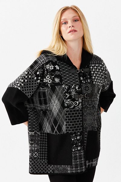 Desen Triko Women's Hooded Patchwork Houndstooth Patterned Tri-Color Poncho Black