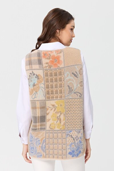 Desen Triko Women's V-Neck Patchwork Vest Beige