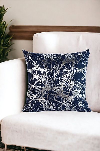 ÖZENEV Navy Blue Silver Foil Patterned Throw Pillow Cover Decorative Stylish Soft Living Room Sofa
