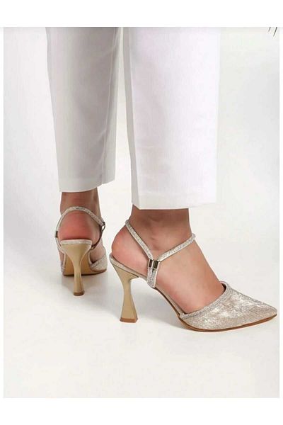 Dira Women's Gold Stone Detailed Heels Setiletto Evening Shoes