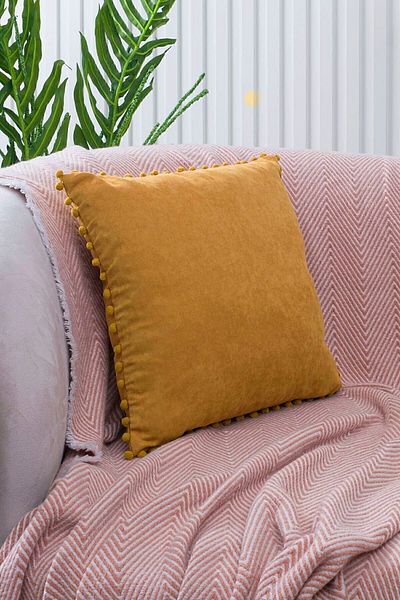 ÖZENEV Mustard Pompom Throw Pillow Cover with Color and Size Options - Decorative Plain Punch Panoroma