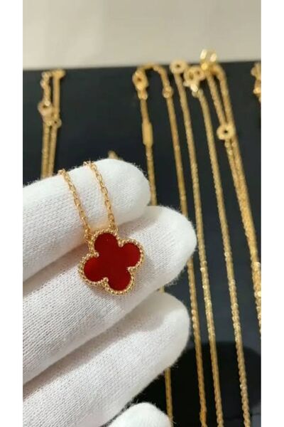 ANGELSS JEWELLERY Çelik Vintage Alhambra Model Bordo Mineli Altın Zincir Tek Motif Kolye