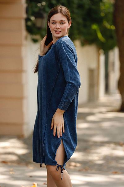AYASOFYA OTANTIK Indigo Blue Oversize Knitwear Dress - Lace-Up Edge and Slit Detail