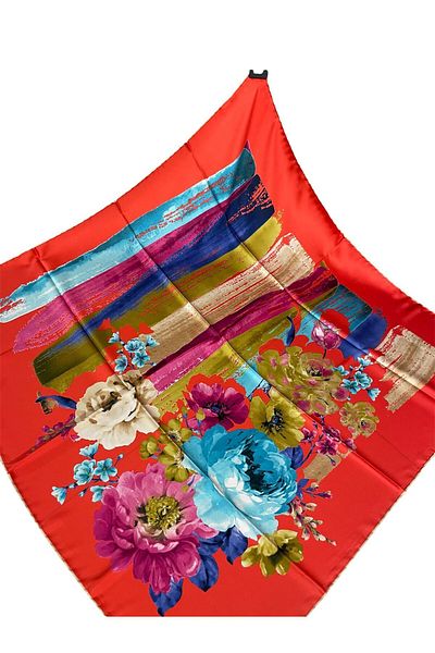 PİRAMİT Pyramid Patterned 90cm X 90cm Floral Printed Pomegranate Es-10