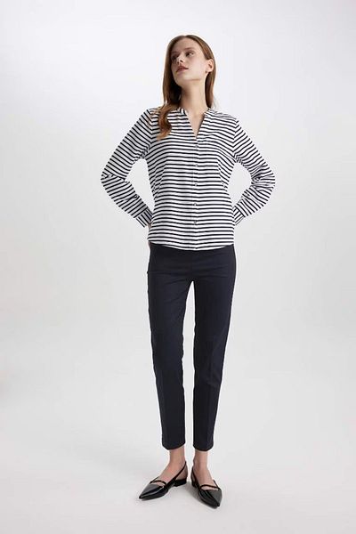 DeFacto Sigaret Normal Waist Straight Leg Satin Trousers Navy Blue