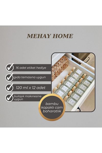 MEHAY HOME 12-Piece Bamboo Luxury Spice Jar Set with Lid and Spreader Head - with Turkish Label